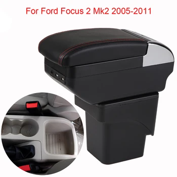 Avto Armrest Polje Dvojno Plast Sprednji sredinski Konzoli, Črno Usnje z Polnjenje USB Vrata Za Ford Focus 2 Mk2 2005-2011