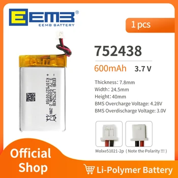 EEMB 752438 3,7 V dc Baterija 600mAh Polnilna Litij-Polimer Baterija Za Dashcam,Svetilko,Bluetooth Zvočnik, GPS,Kamera