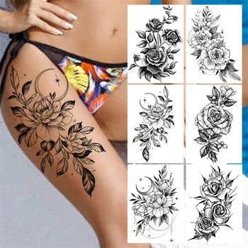 Luna Peony Cvet Začasne Tetovaže Za Ženske Odraslih Dekleta Rose Tattoo Nalepke Ponaredek Polmeseca Črno Vodo Prenos Tatoos Stegno
