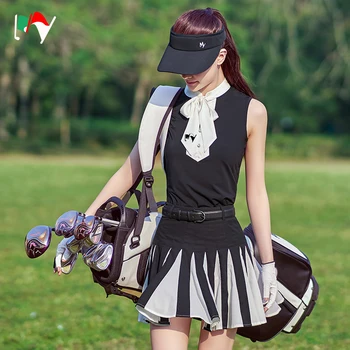 MOJ Golf Ženske Obleko z Dolgimi Rokavi za Zaščito pred Soncem Plašč brez Rokavov Bowknot Ovratnik T-shirt Dame Vrh Tenis Golf Nabrano Krilo