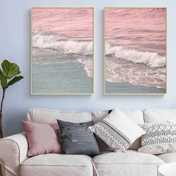 Nordijska Minimalističen Plakat Roza Plaži Oceanskih Valov Platno Stensko Slikarstvo Umetnost Slike za dnevno Sobo Sodoben, Svež Dom Dekor