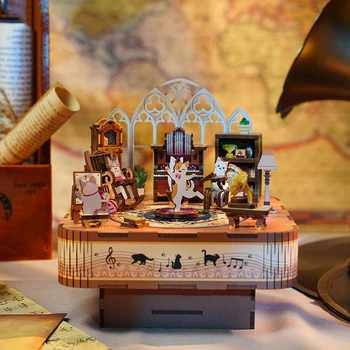 Novo DIY Cat ' s Party Music Box Lesene Model Gradnjo Kompleti 3D Uganke Zbiranja Igrač za Otroke Rojstni dan Darila Dom Dekoracija
