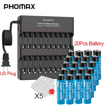 PHOMAX 20-reža za Litijeve Baterije Polnilnik Neodvisni Režo za Polnjenje ZDA/EU Vtič z AA 1,5 V 3400mWh Zmogljivosti Baterije za ponovno Polnjenje