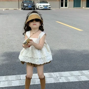 Poletje za Otroke Določa Dekleta Čipke Rob Otroci Oblačila Čista Bela Baby Dekle Priložnostne Bela Suspender+Denim otroška Oblačila