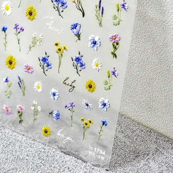 Priljubljena Naravna Pisane Rože Daisy 5D Reliefni Olajšav Samolepilni Nail Art Okras Nalepke 3D Manikura Nalepko Manikura