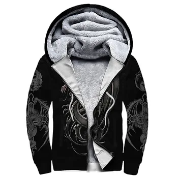 Zimske Moške Zadrgo Plašč Moda Toplo Black Dragon Tiskanja Hoodie Suknjič Plus Žamet Zadebelitev Suknji